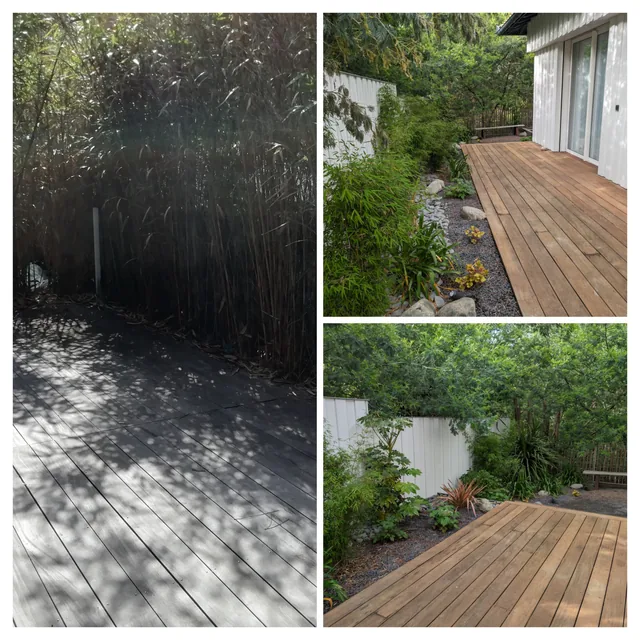 Terrasse en bois et cheminement paysager